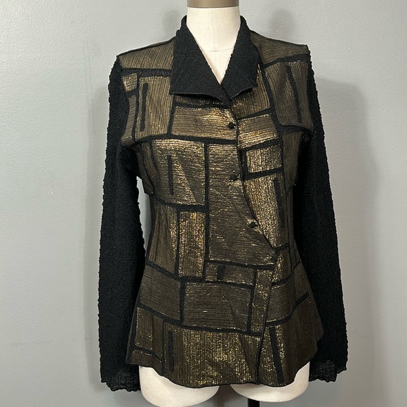 Vintage Deborah Cross Crinkle Black Gold Asian Style Button light top blazer - Picture 1 of 17